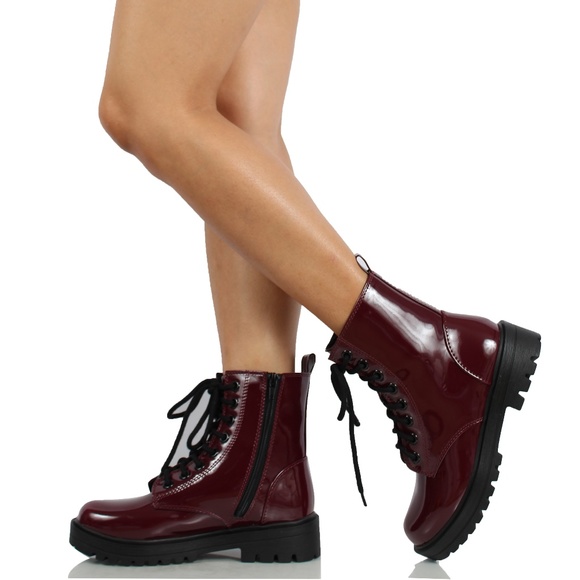 Burgundy Faux Patent Leather Combat Lace Up Ankle - Picture 4 of 5